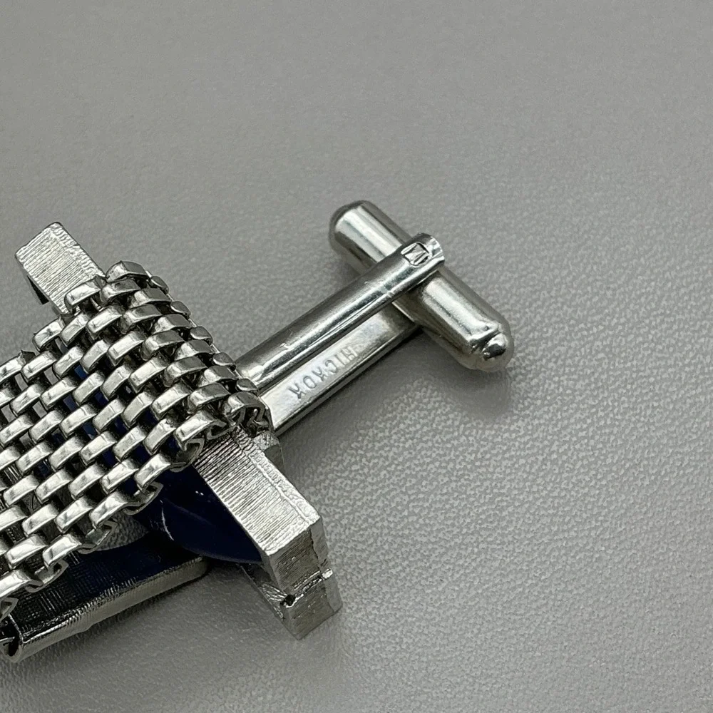 Hickok Vintage Blue Cabochon Mesh Wrap Around Cufflinks Silver Tone Mid Century